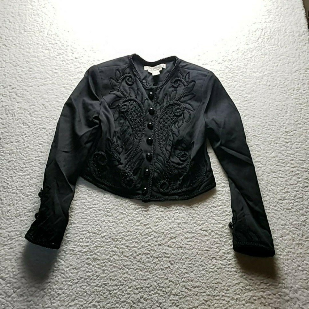 Marie St. Claire Jacket Womens 10 Black Embroidered Cropped Button Front Lined